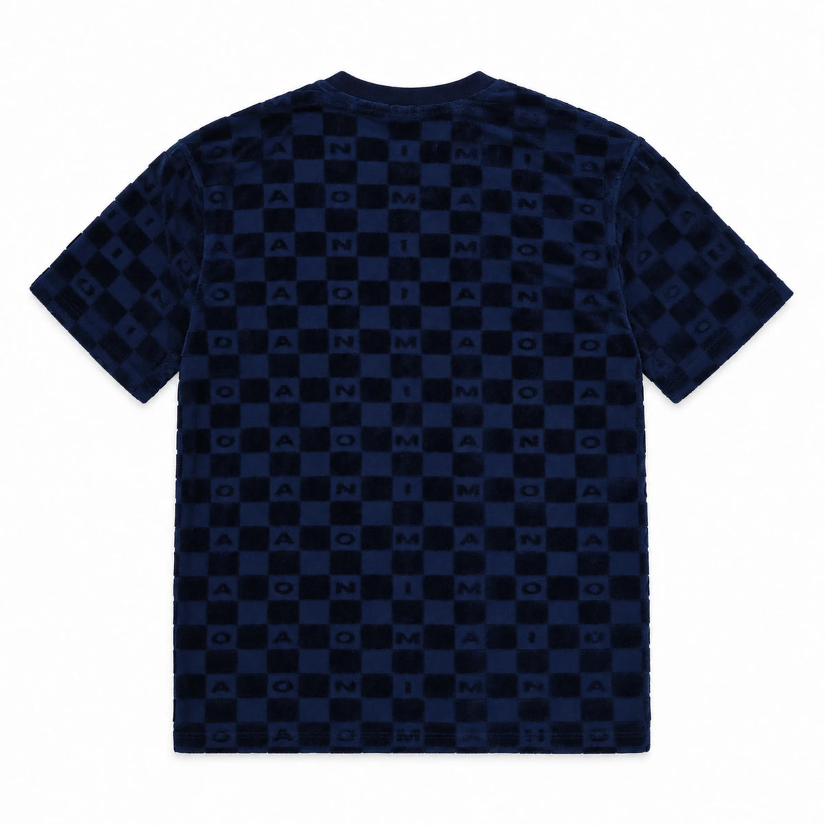MOMANI Monogram Check T-Shirt in Navy, laid flat, back view