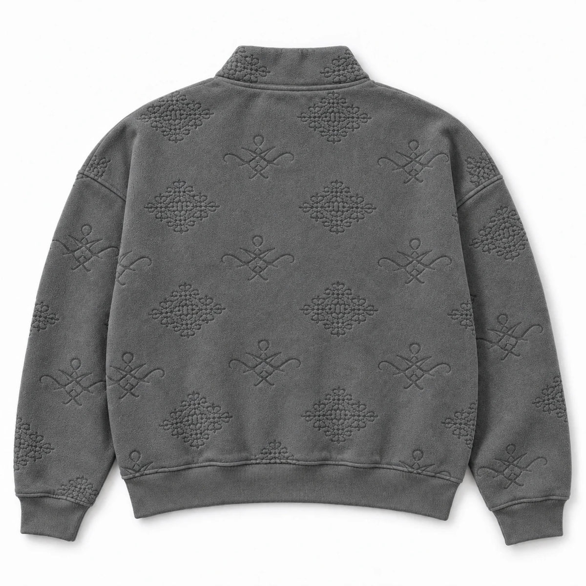 MOMANI Emblem Quarter-Zip Sweatshirt in Grey, laid flat, back view