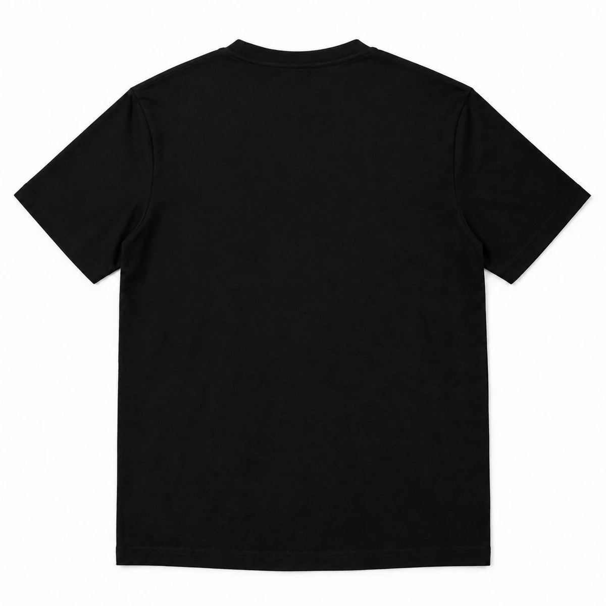 MOMANI Emblem Yoke T-Shirt in Black, laid flat, back view