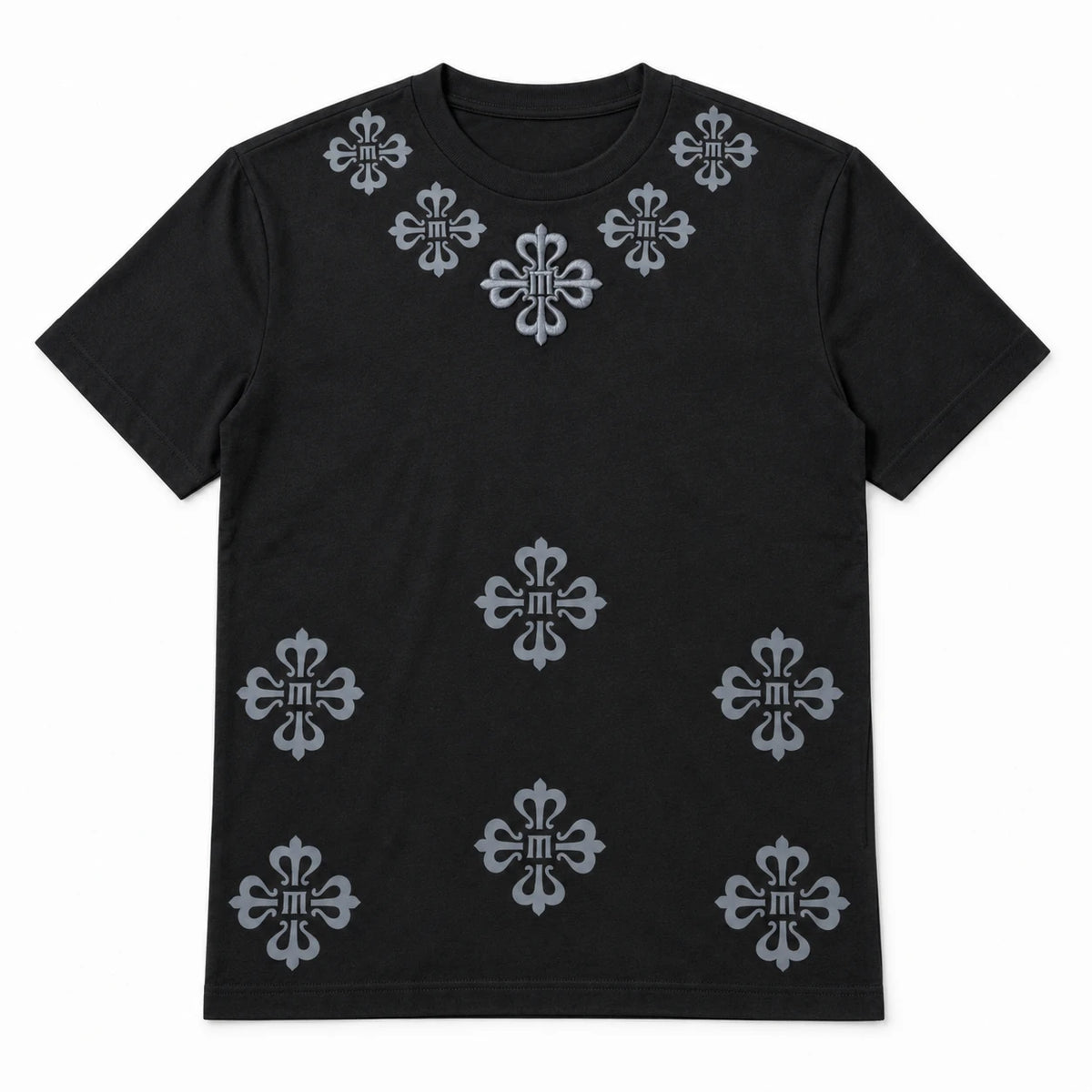 MOMANI Emblem Yoke T-Shirt in Black, laid flat, front view