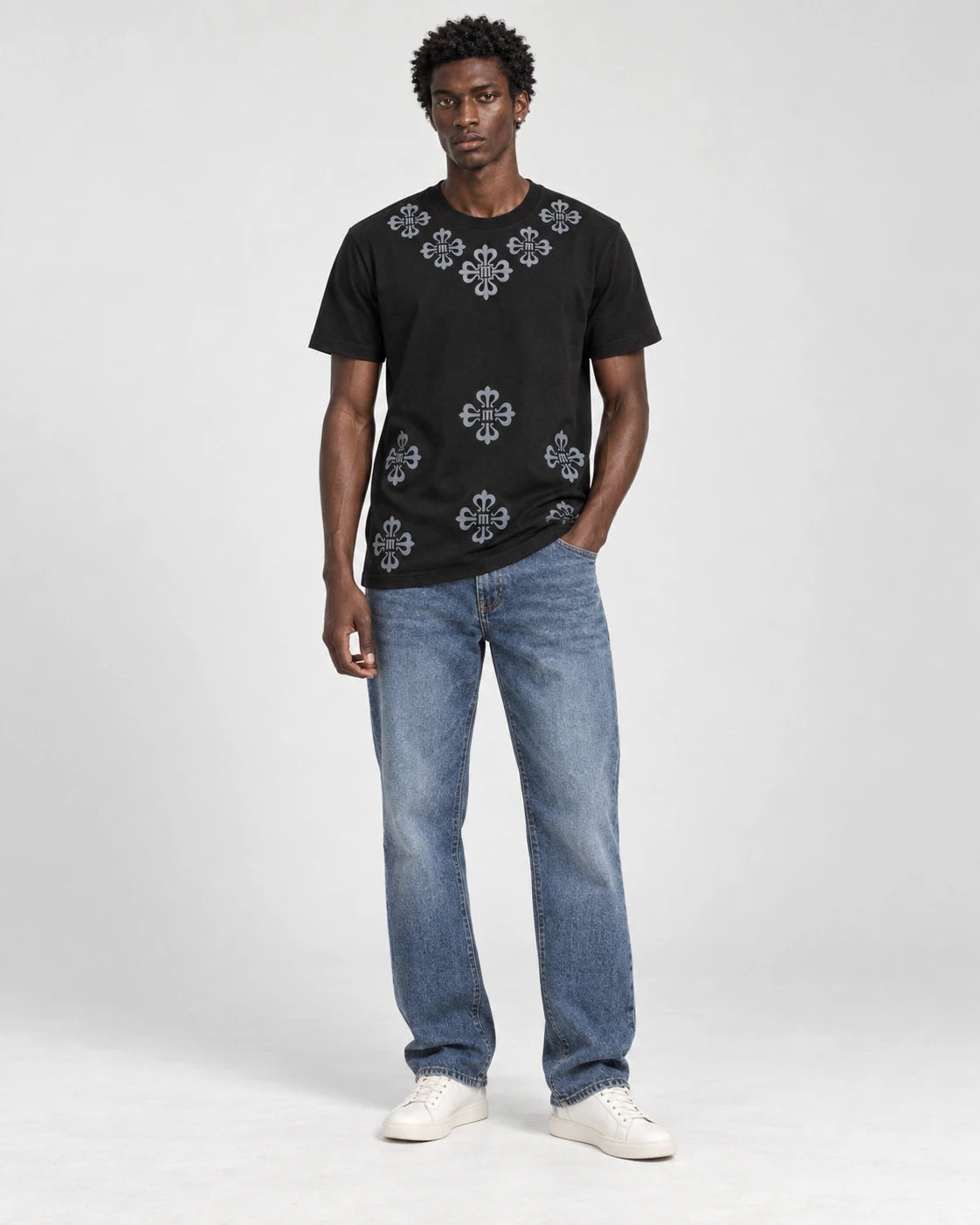 MOMANI Emblem Yoke T-Shirt in Black, worn by a model, front view