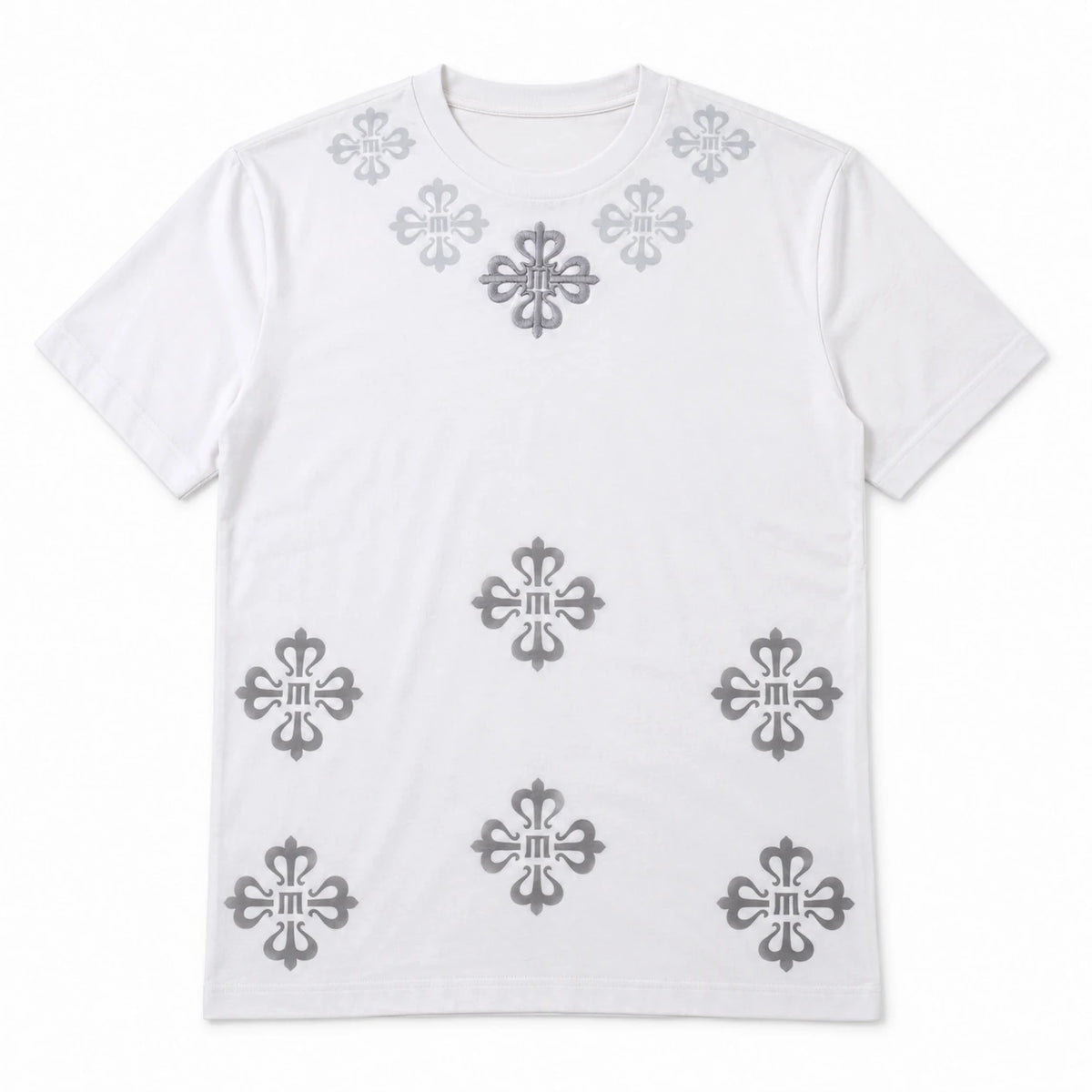 MOMANI Emblem Yoke T-Shirt in White, laid flat, front view