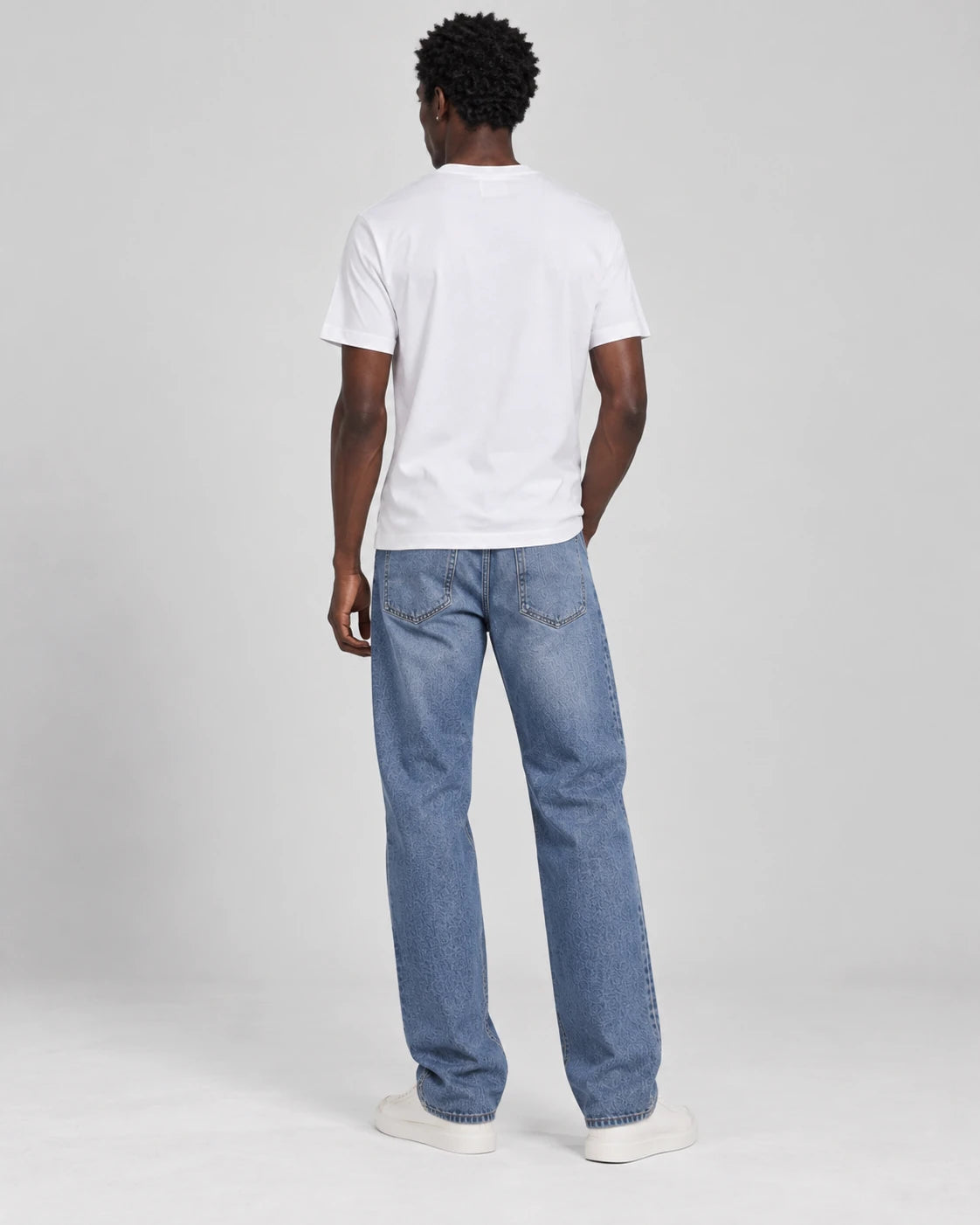 MOMANI Emblem Yoke T-Shirt in White, worn by a model, back view