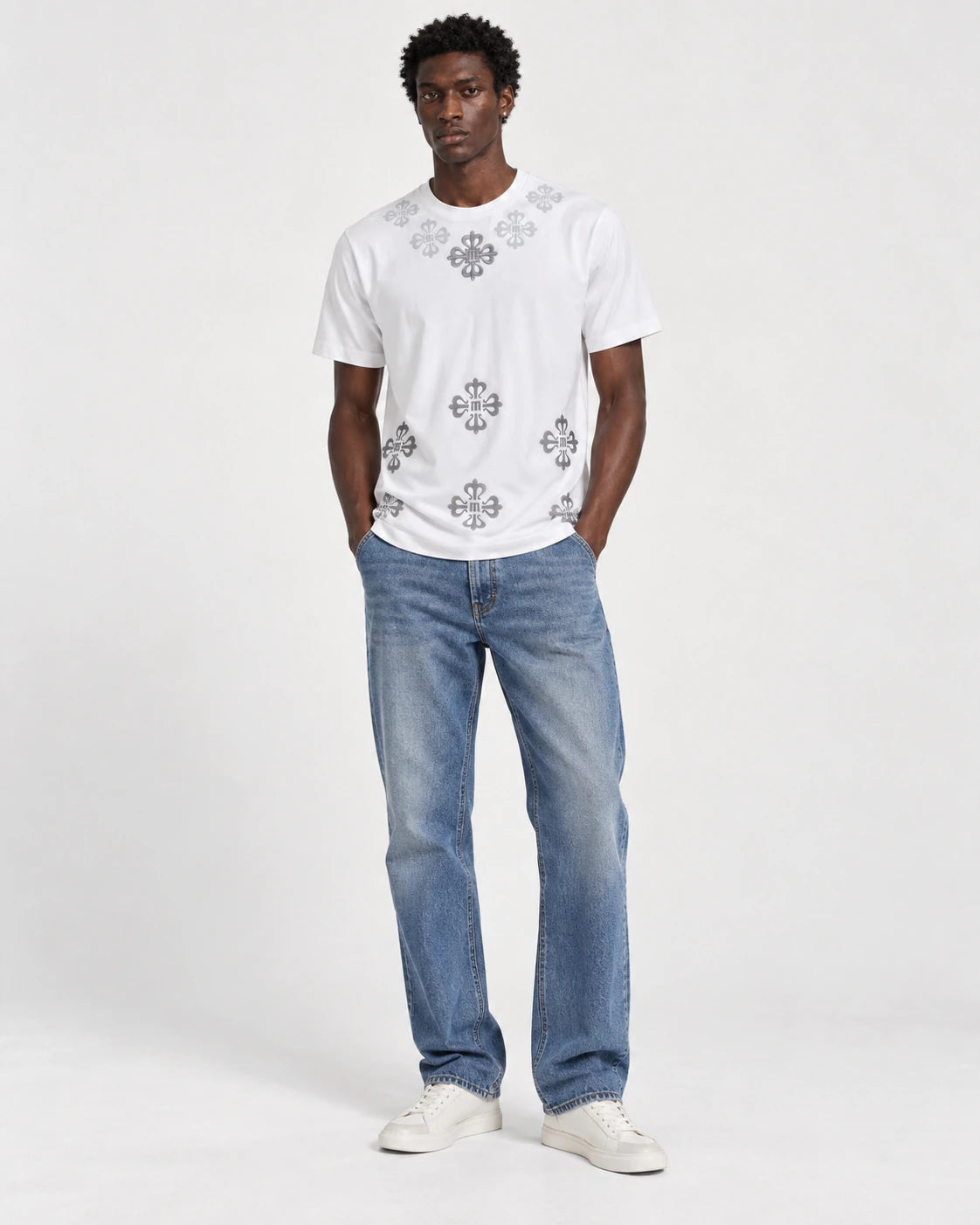 MOMANI Emblem Yoke T-Shirt in White, worn by a model, front view