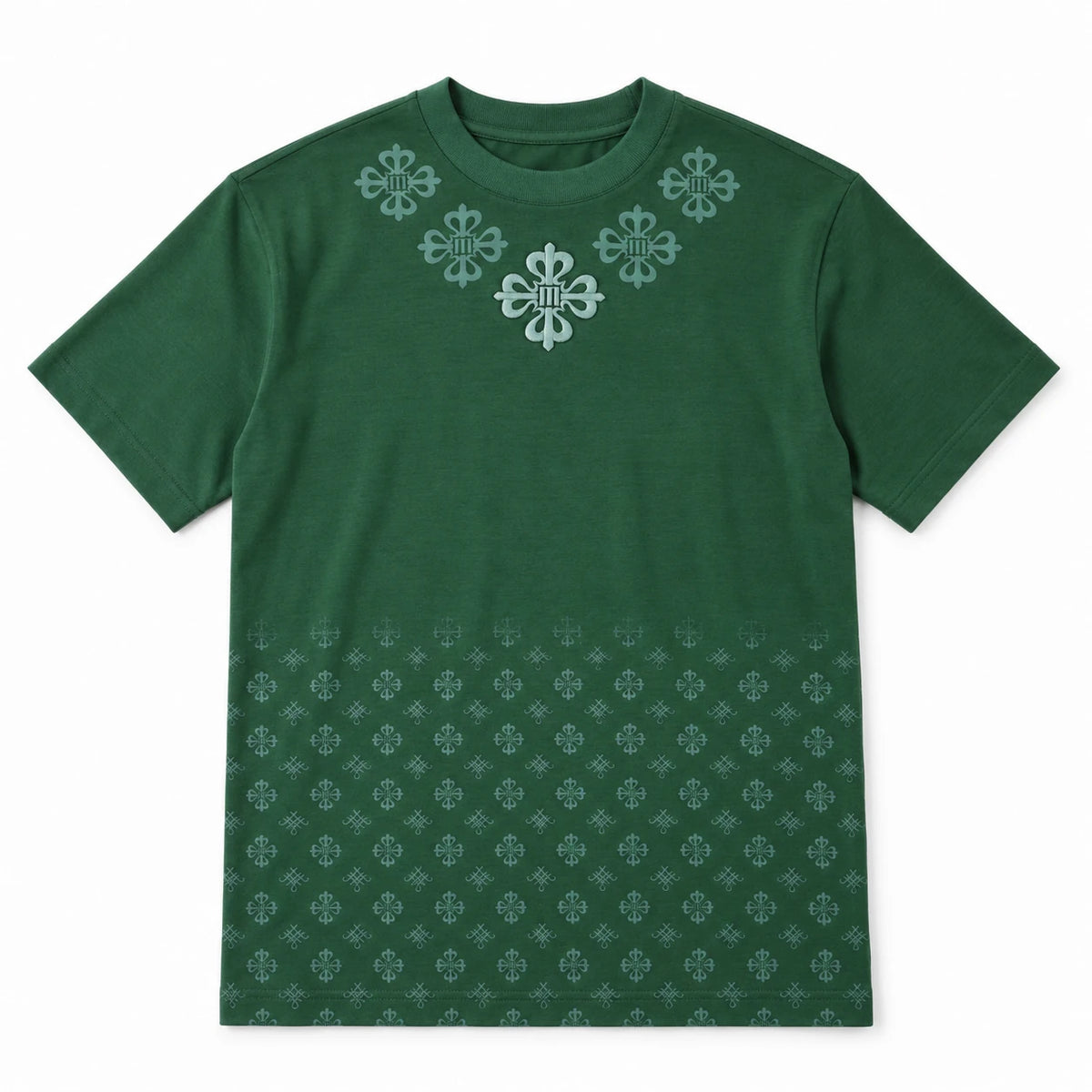 MOMANI Monogram Panel T-Shirt in Green, laid flat, front view