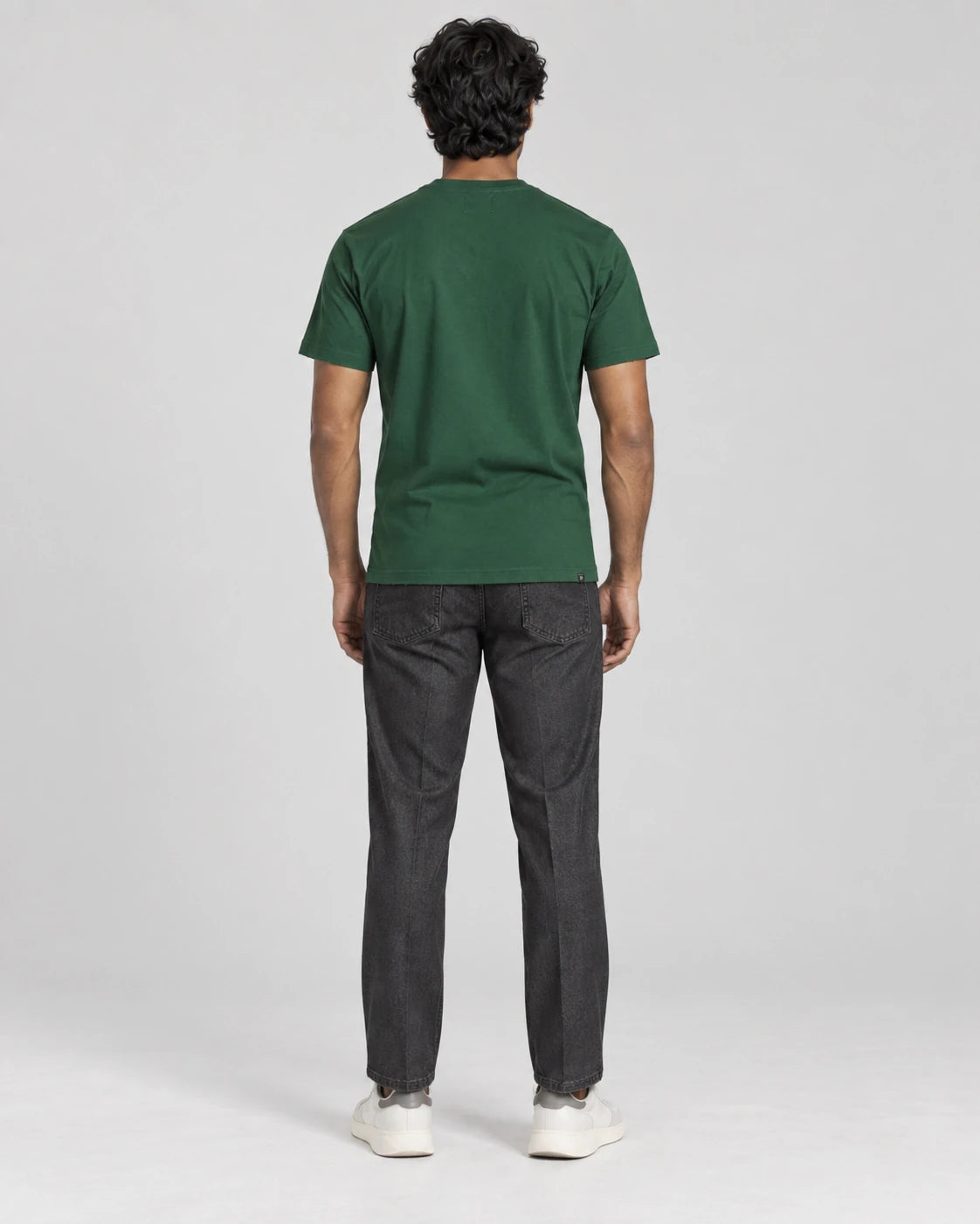 MOMANI Monogram Panel T-Shirt in Green, worn by a model, back view