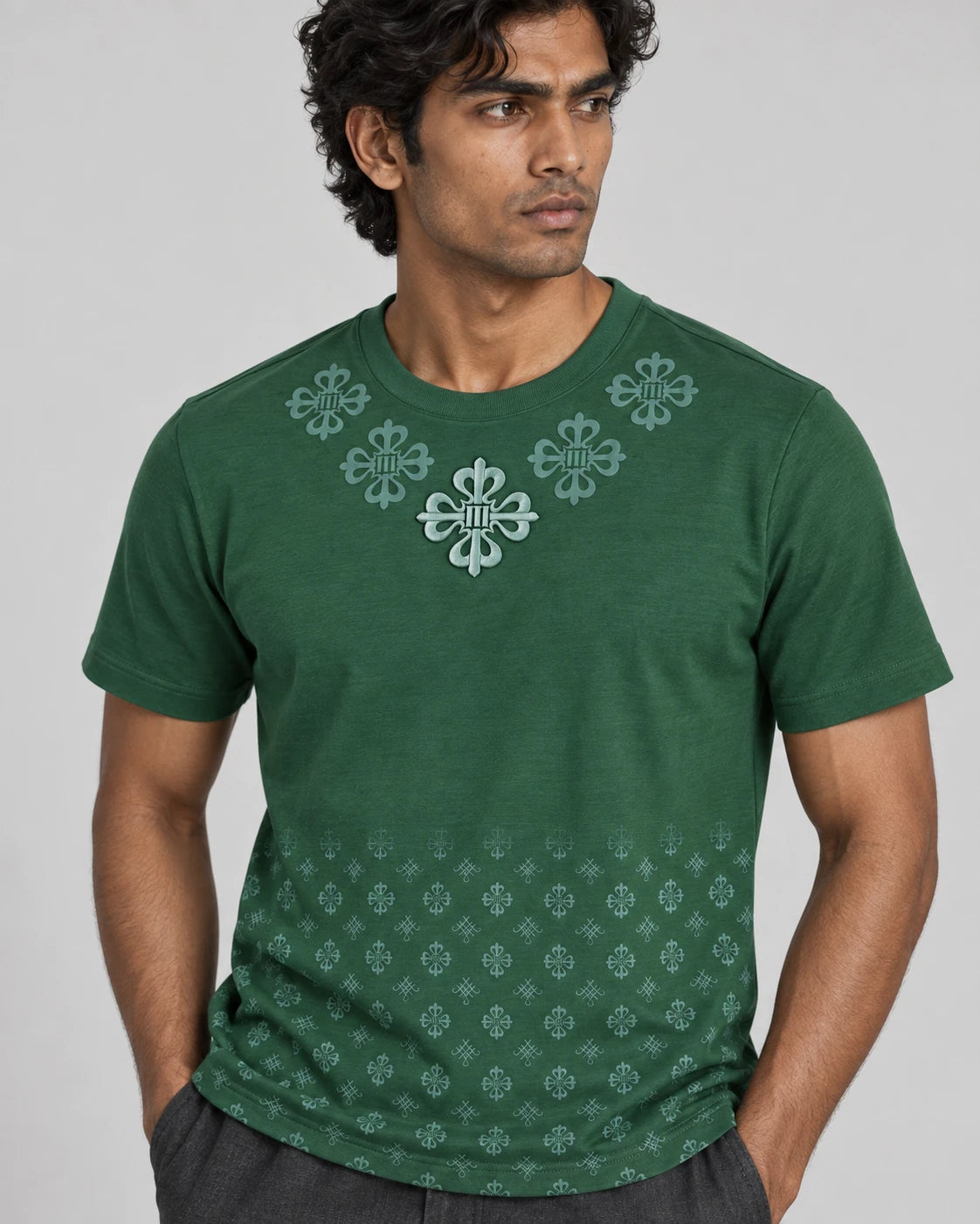 MOMANI Monogram Panel T-Shirt in Green, worn by a model, close detail