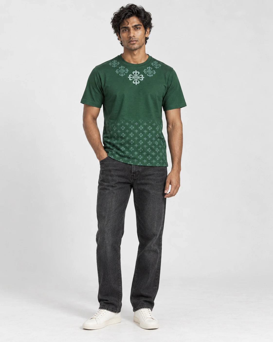 MOMANI Monogram Panel T-Shirt in Green, worn by a model, front view