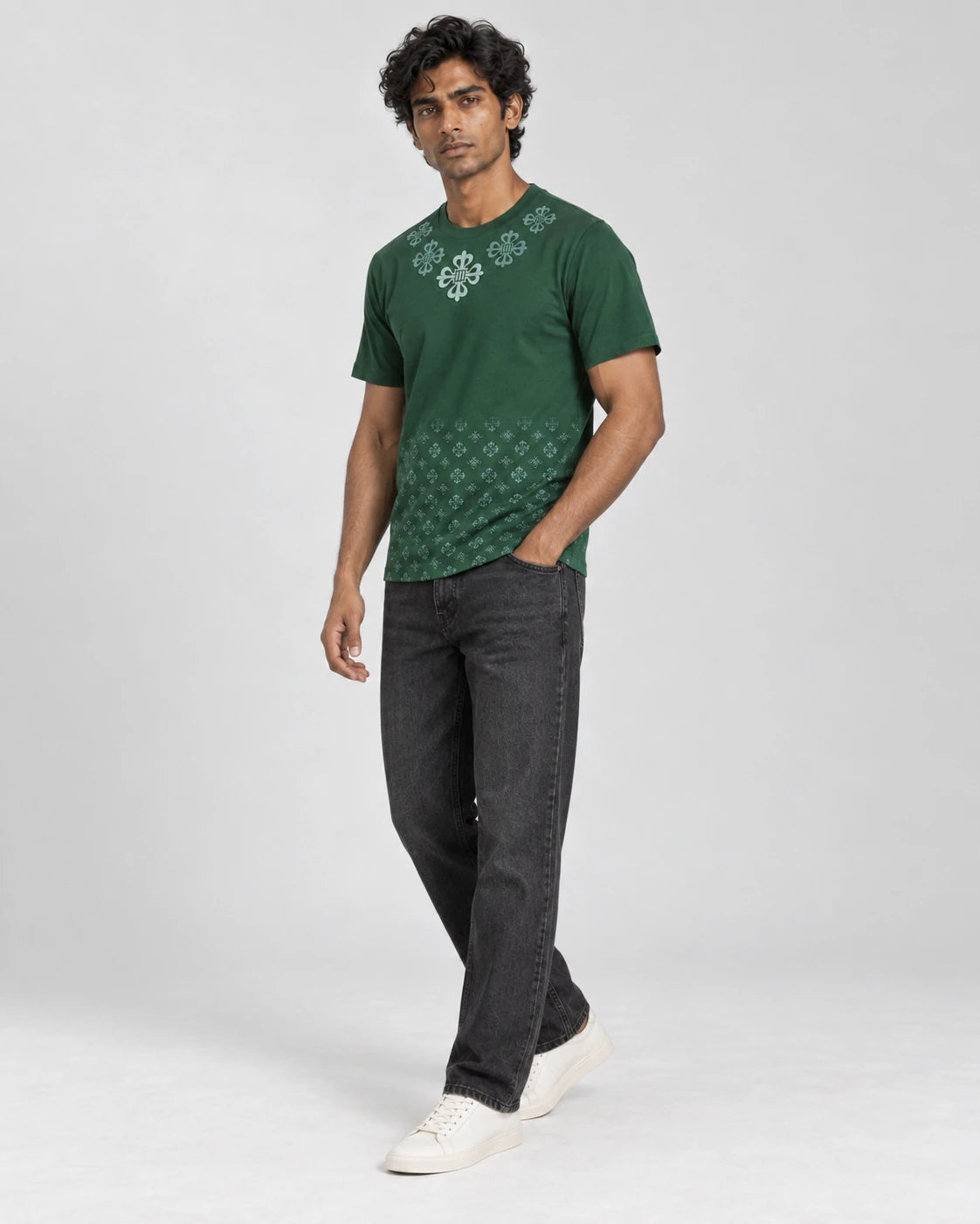 MOMANI Monogram Panel T-Shirt in Green, worn by a model, three-quarter view