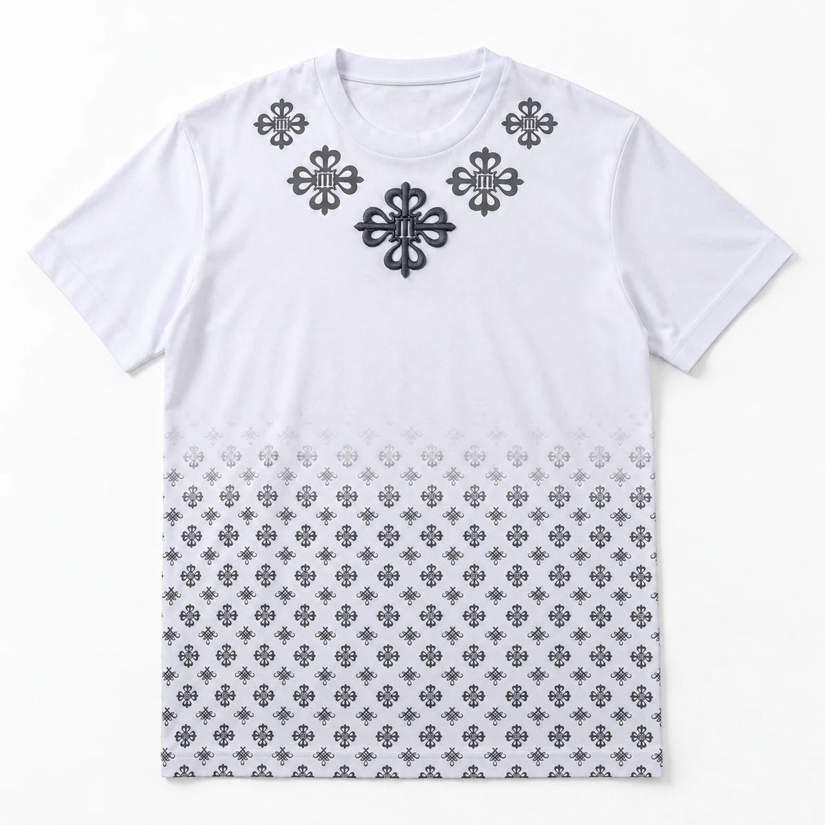 MOMANI Monogram Panel T-Shirt in White, laid flat, front view