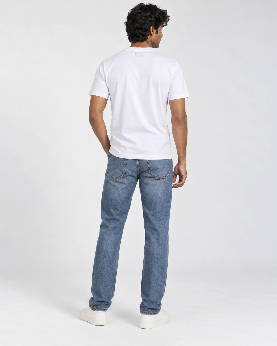 MOMANI Monogram Panel T-Shirt in White, worn by a model, back view