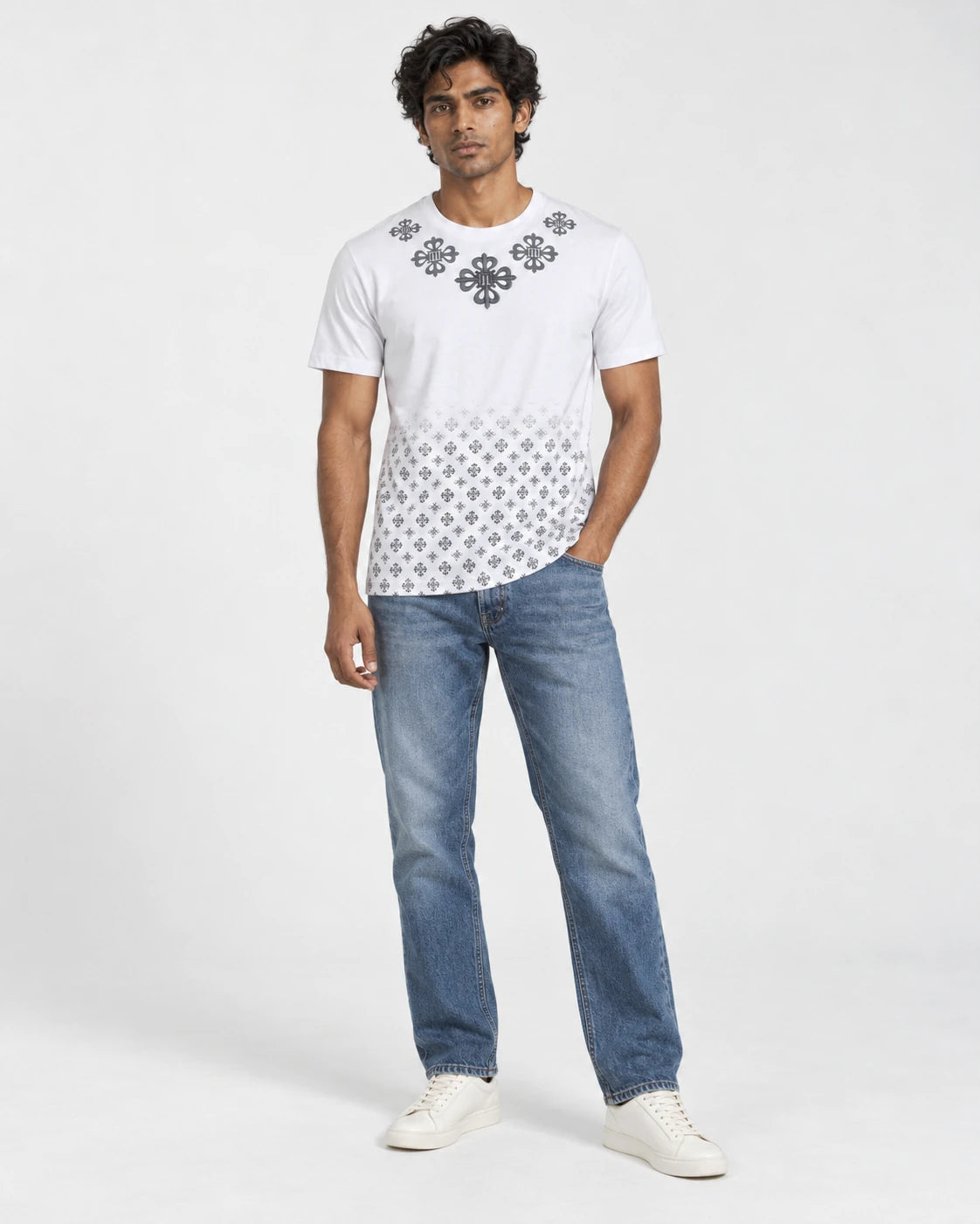 MOMANI Monogram Panel T-Shirt in White, worn by a model, front view