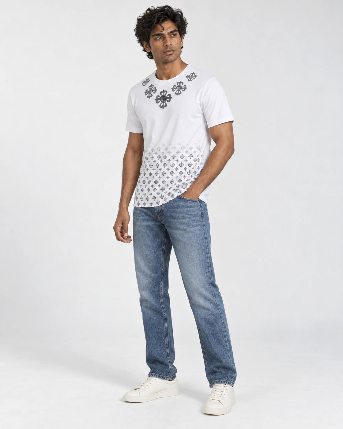 MOMANI Monogram Panel T-Shirt in White, worn by a model, three-quarter view
