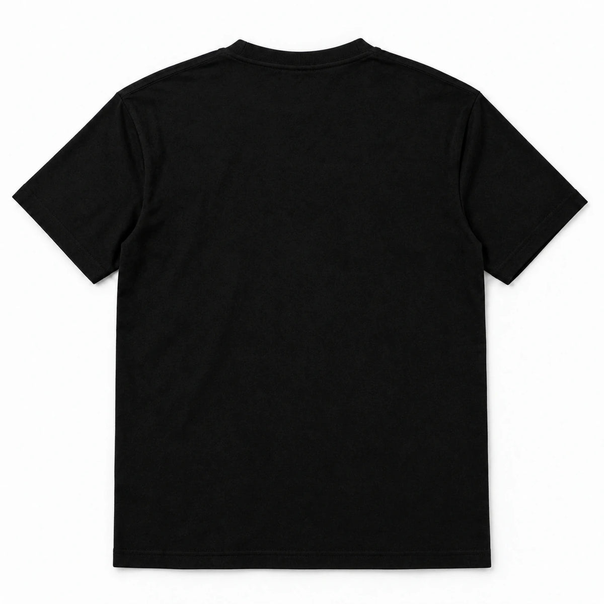 MOMANI Emblem Crest T-Shirt in Black, laid flat, back view