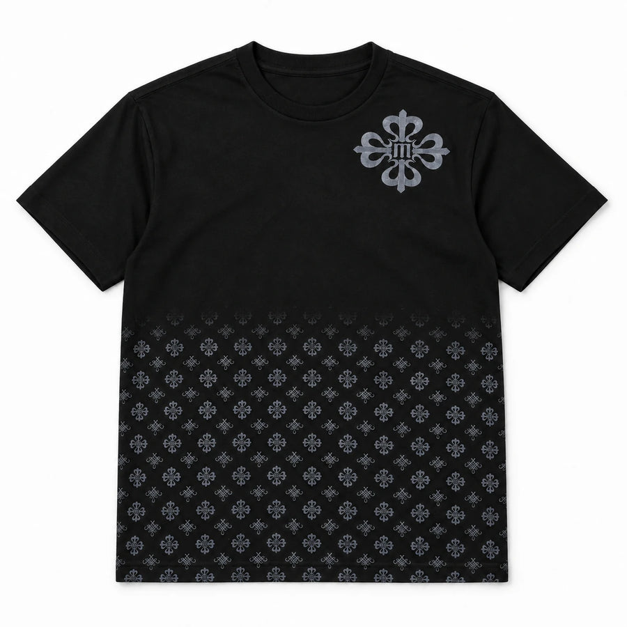 MOMANI Emblem Crest T-Shirt in Black, laid flat, front view
