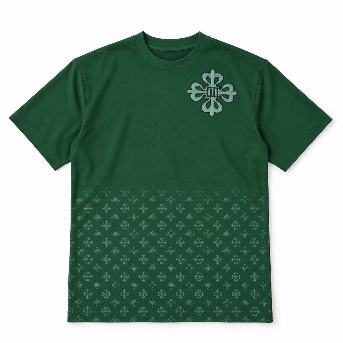 MOMANI Emblem Crest T-Shirt in Green, laid flat, front view