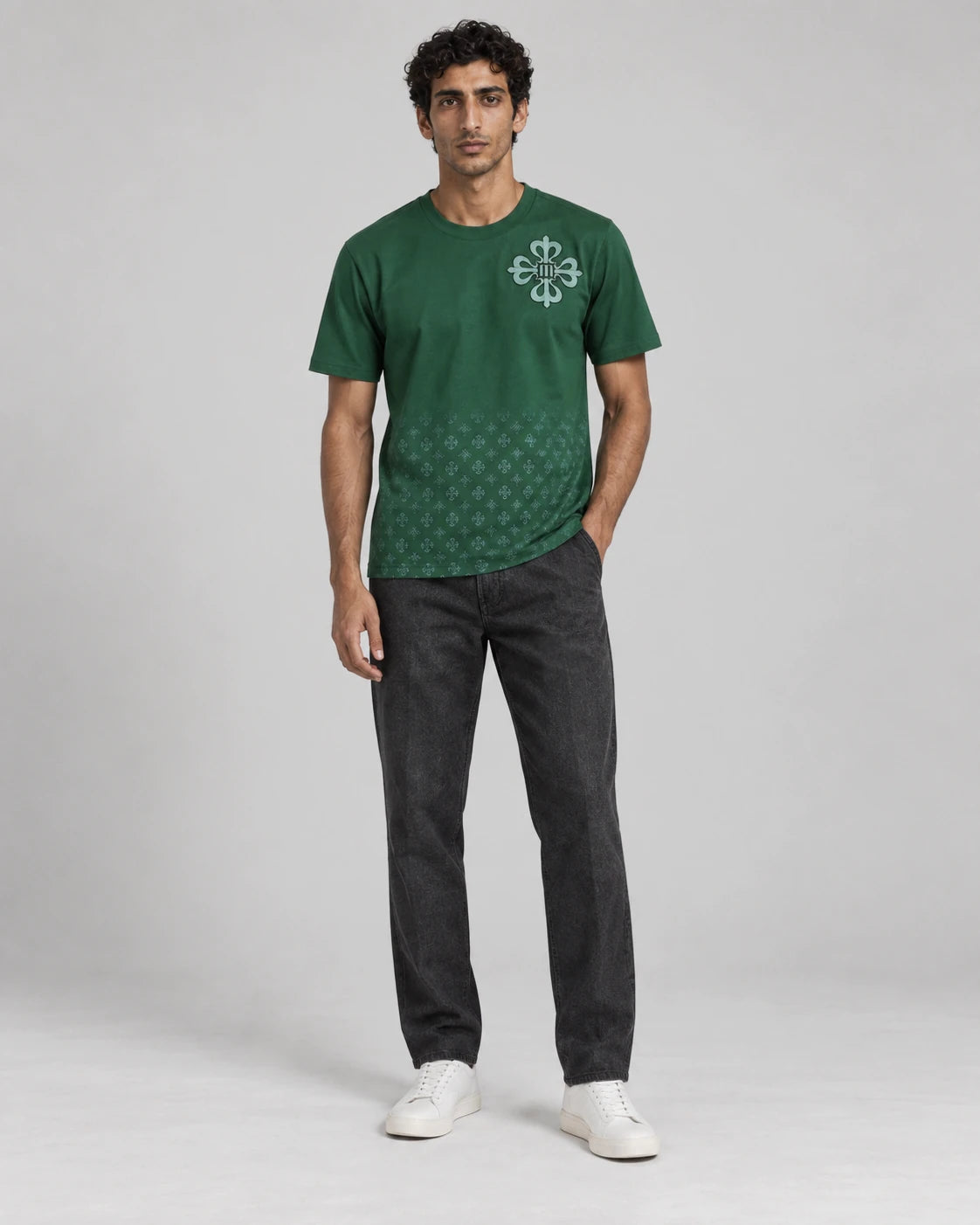 MOMANI Emblem Crest T-Shirt in Green, worn by a model, front view