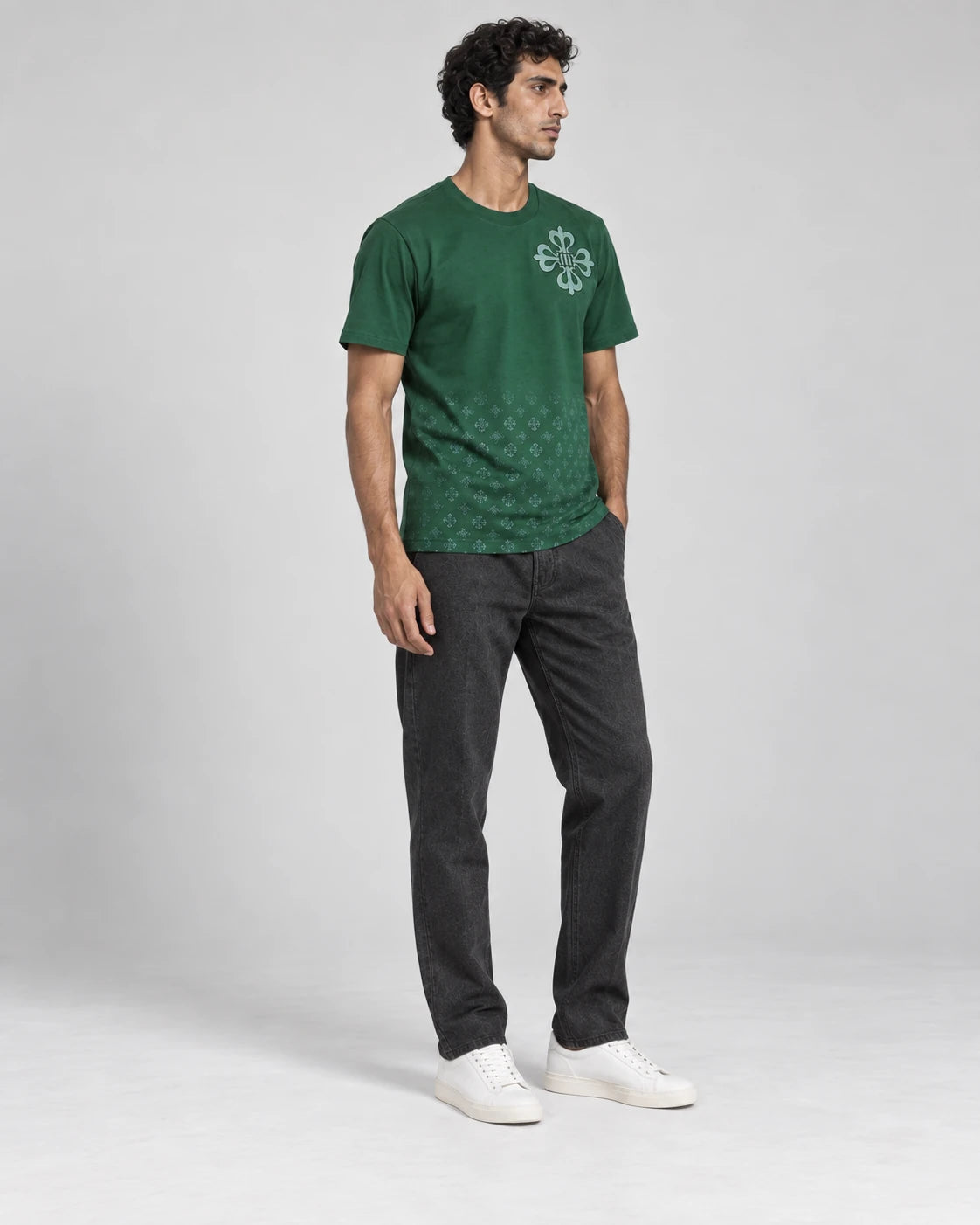 MOMANI Emblem Crest T-Shirt in Green, worn by a model, three-quarter view