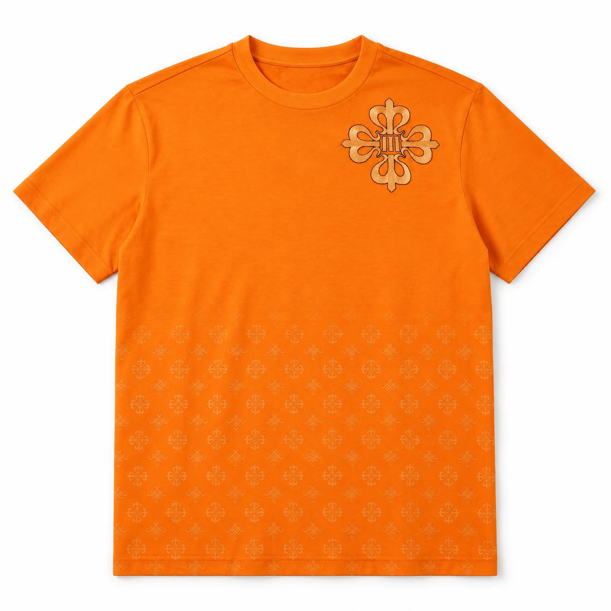 MOMANI Emblem Crest T-Shirt in Orange, laid flat, front view