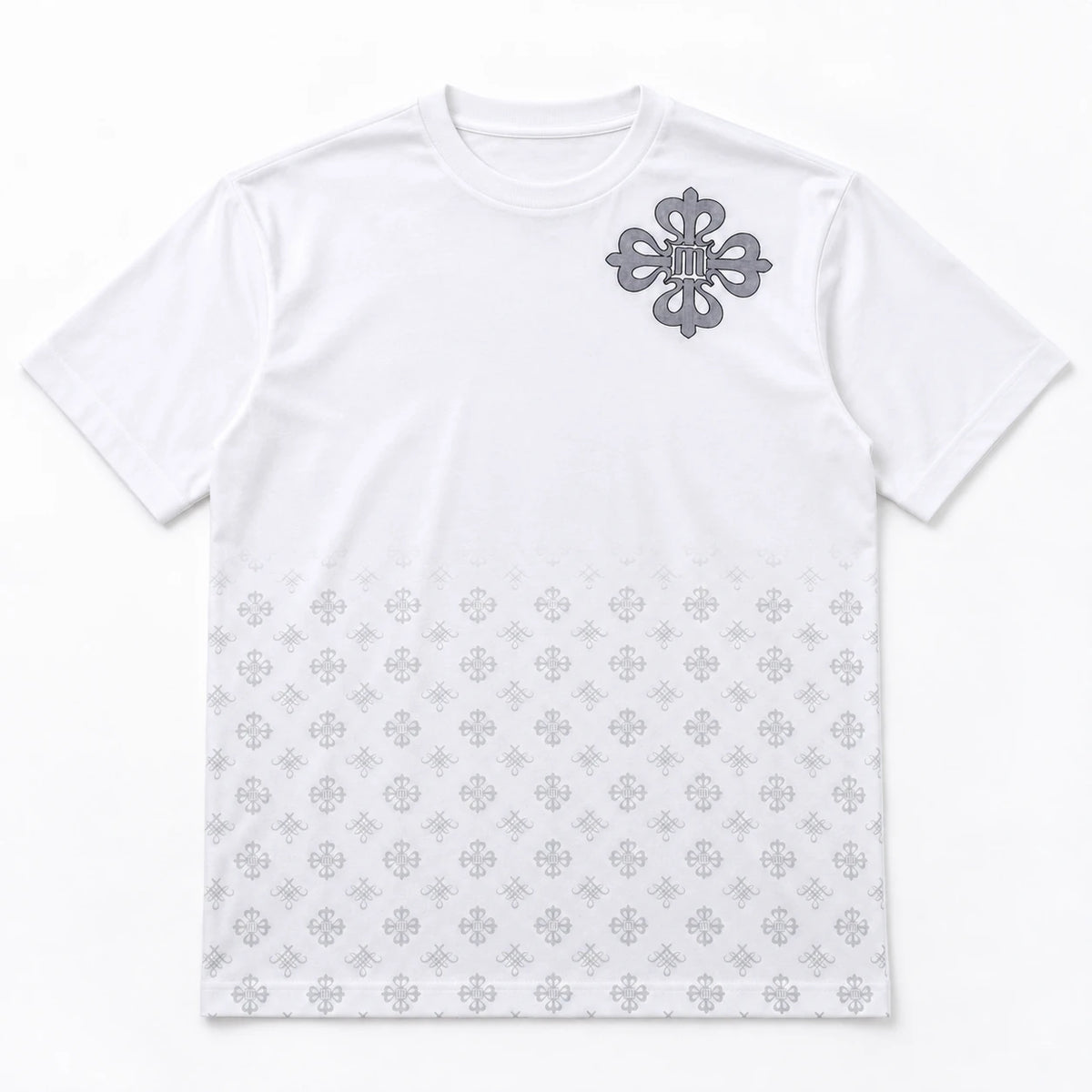 MOMANI Emblem Crest T-Shirt in White, laid flat, front view