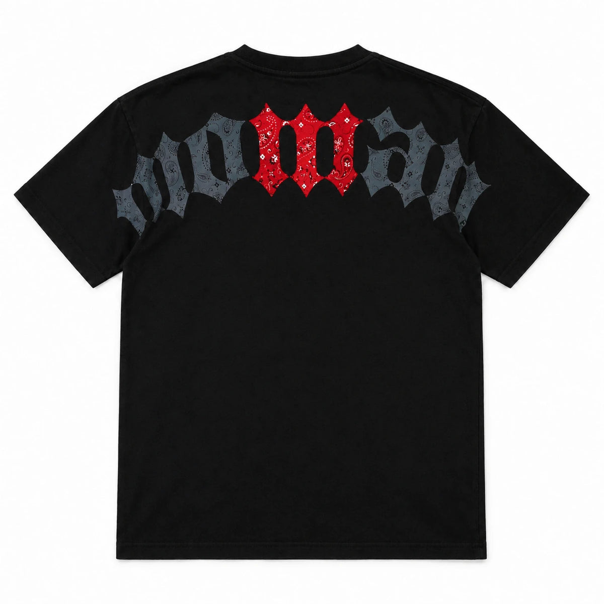 MOMANI Logotype T-Shirt in Black, laid flat, back view