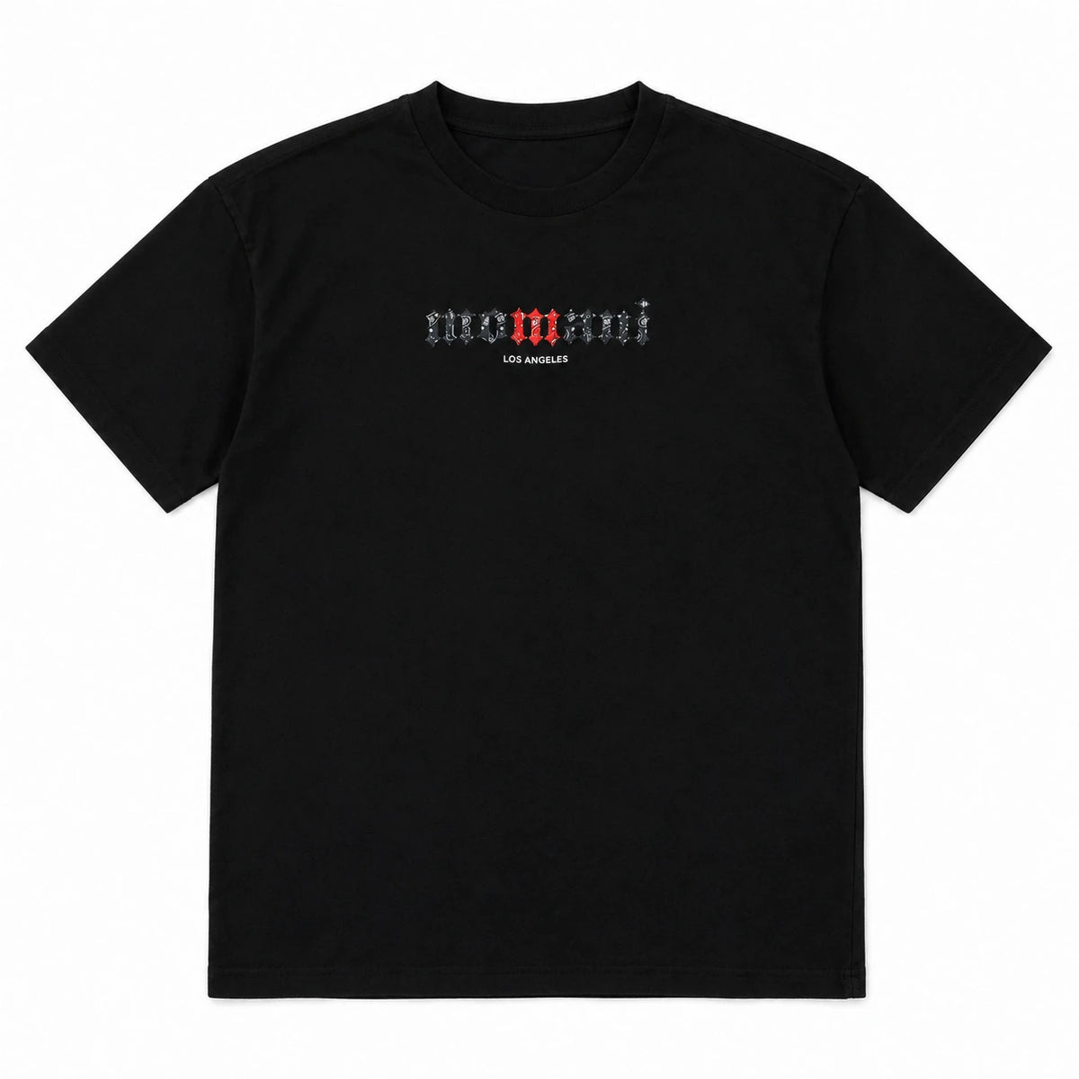 MOMANI Logotype T-Shirt in Black, laid flat, front view