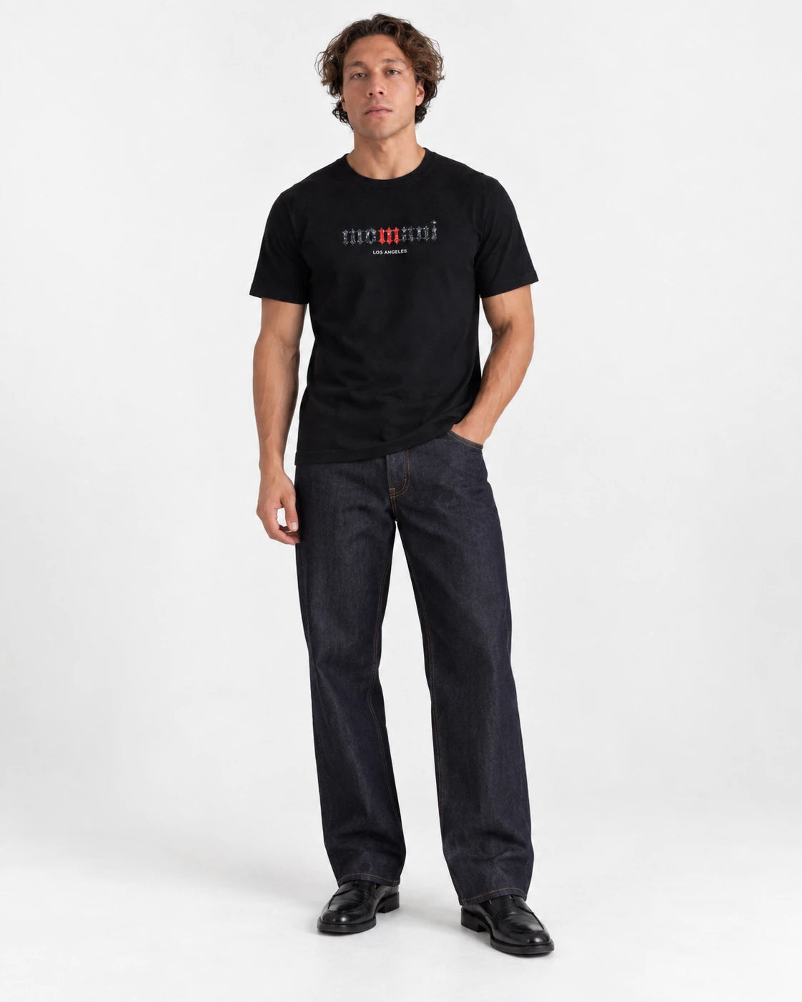MOMANI Logotype T-Shirt in Black, worn by a model, front view