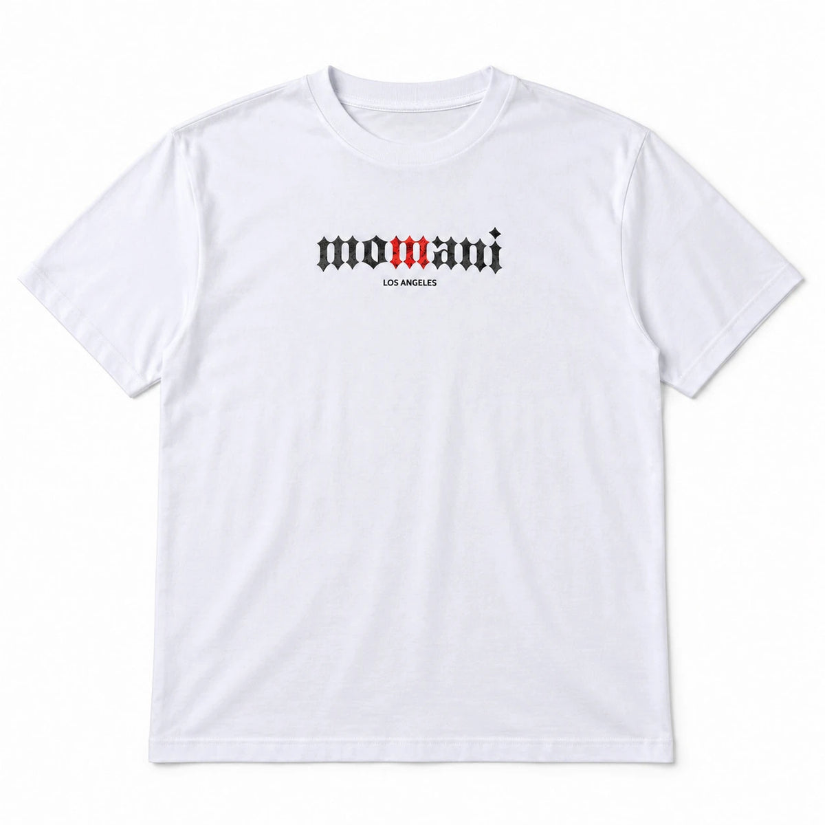 MOMANI Logotype T-Shirt in White, laid flat, front view