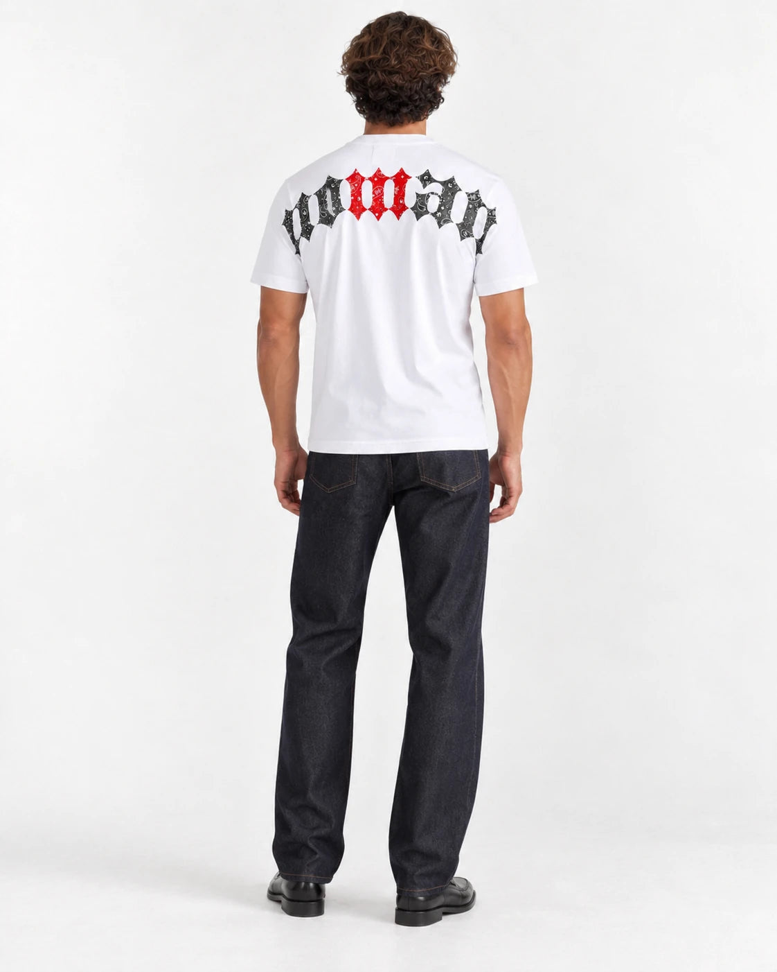 MOMANI Logotype T-Shirt in White, worn by a model, back view