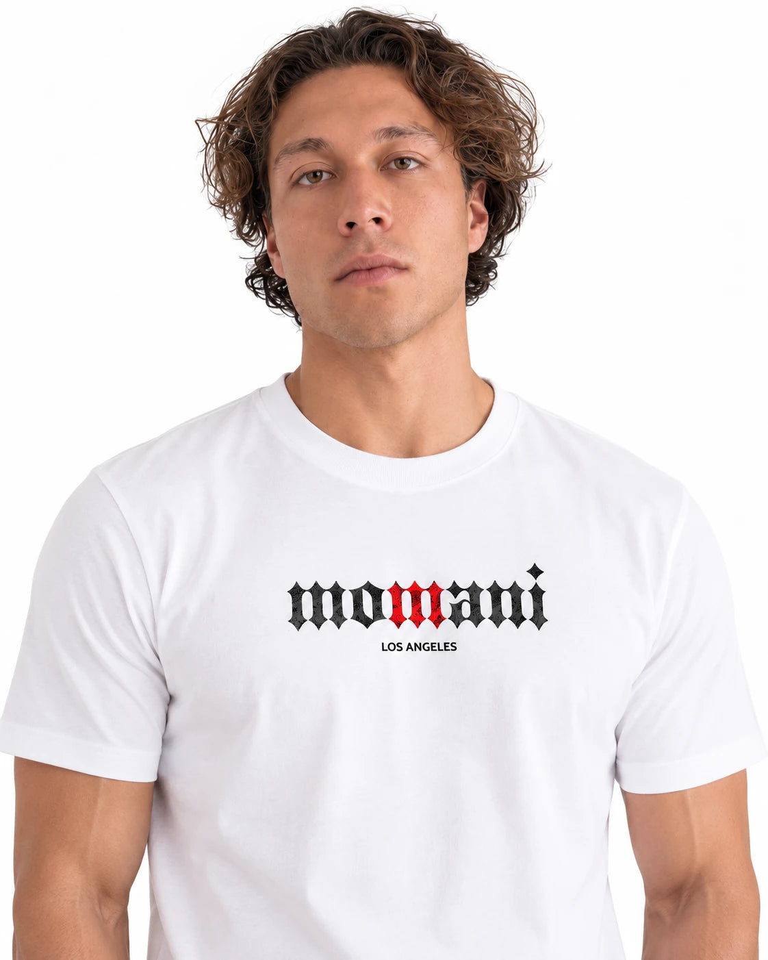MOMANI Logotype T-Shirt in White, worn by a model, close detail