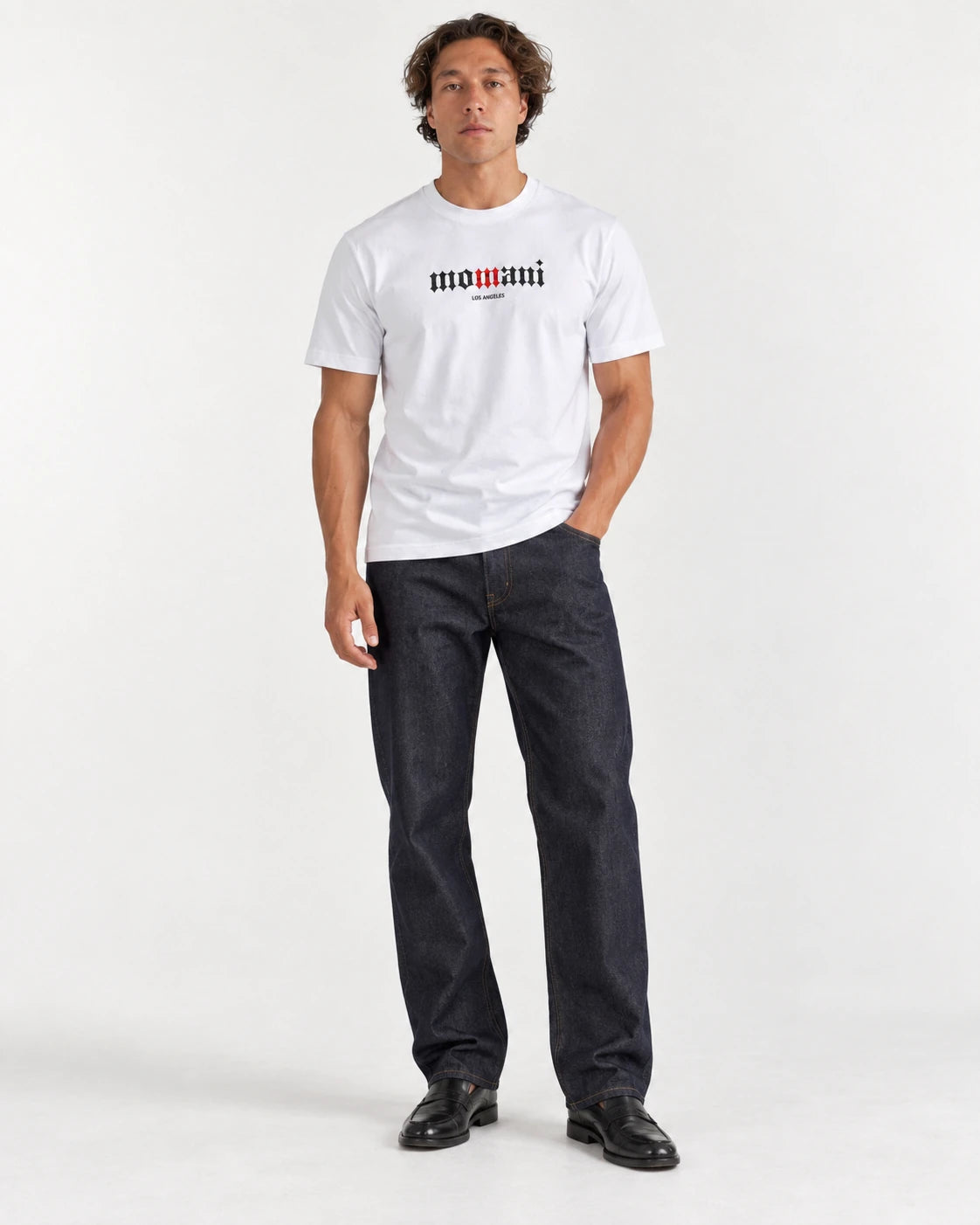 MOMANI Logotype T-Shirt in White, worn by a model, front view