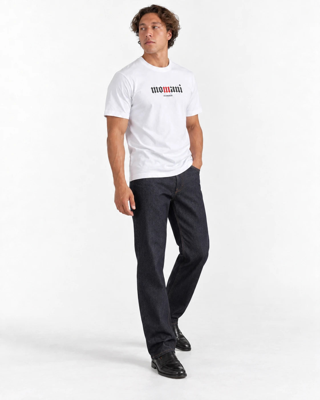 MOMANI Logotype T-Shirt in White, worn by a model, three-quarter view