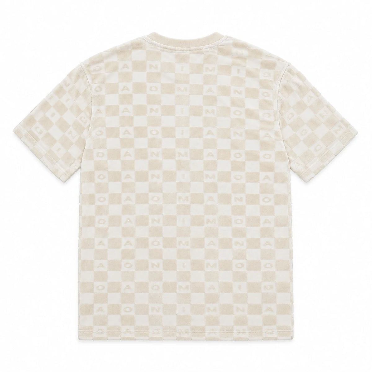 MOMANI Monogram Check T-Shirt in Cream, laid flat, back view