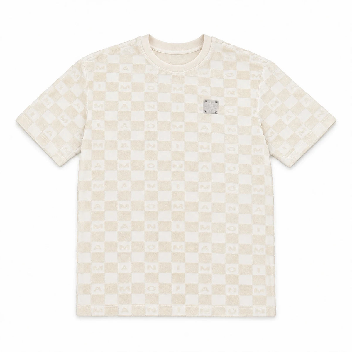 MOMANI Monogram Check T-Shirt in Cream, laid flat, front view