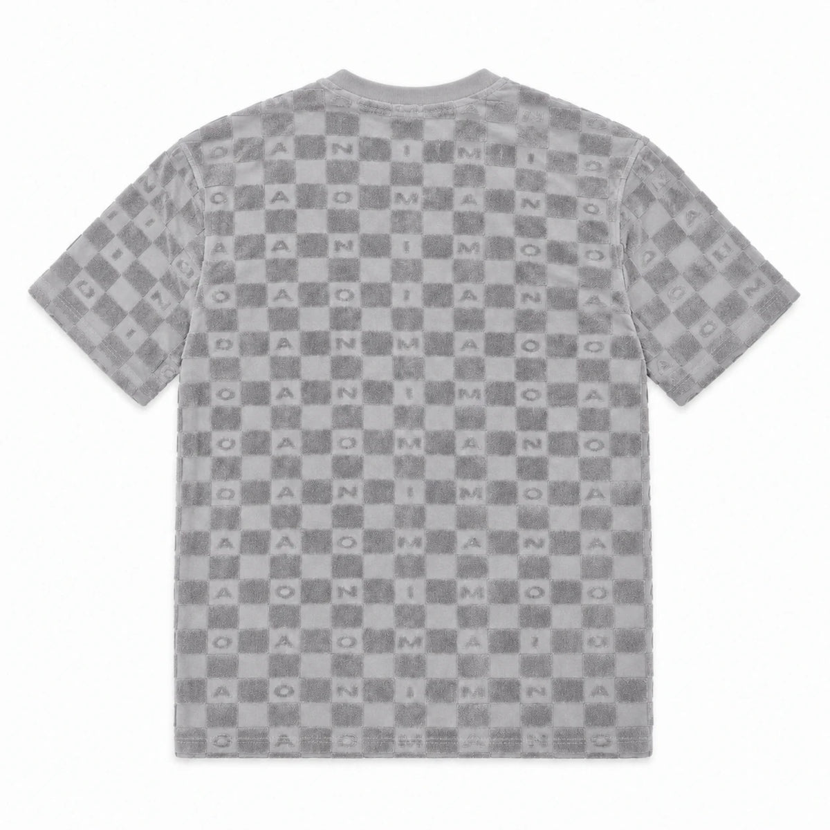 MOMANI Monogram Check T-Shirt in Grey, laid flat, back view