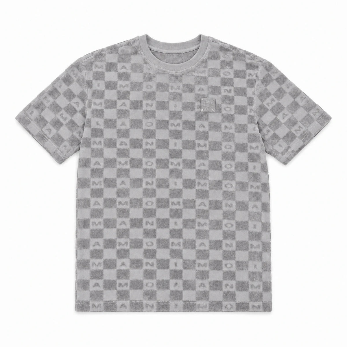 MOMANI Monogram Check T-Shirt in Grey, laid flat, front view