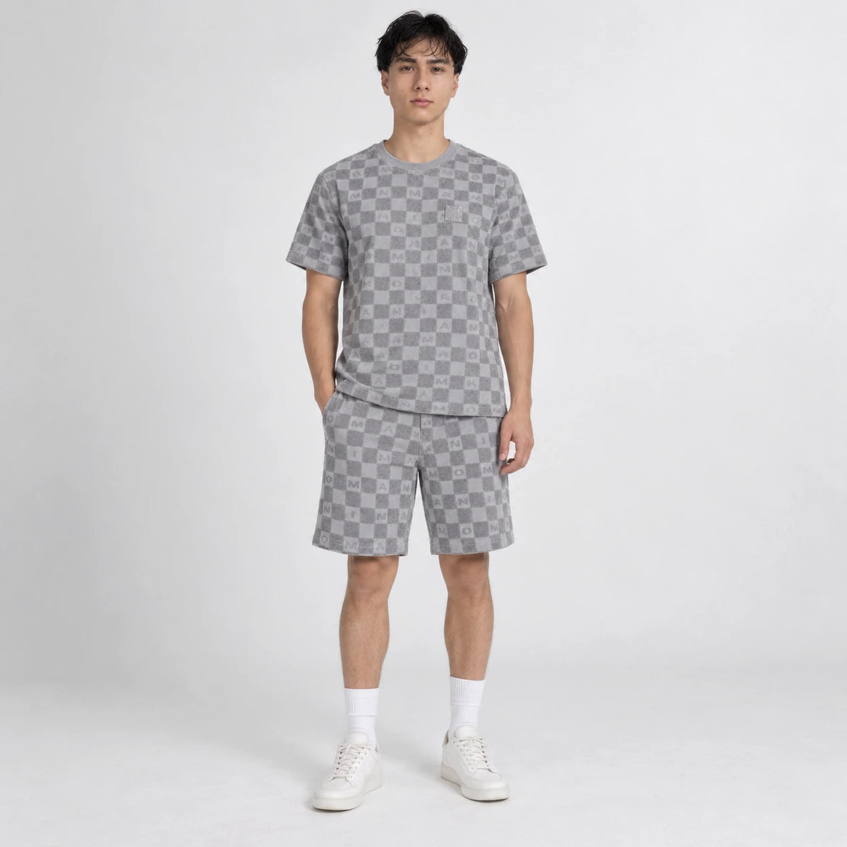 MOMANI Monogram Check T-Shirt in Grey, worn by a model, front view
