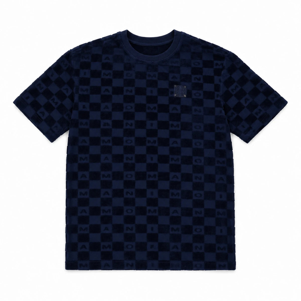 MOMANI Monogram Check T-Shirt in Navy, laid flat, front view