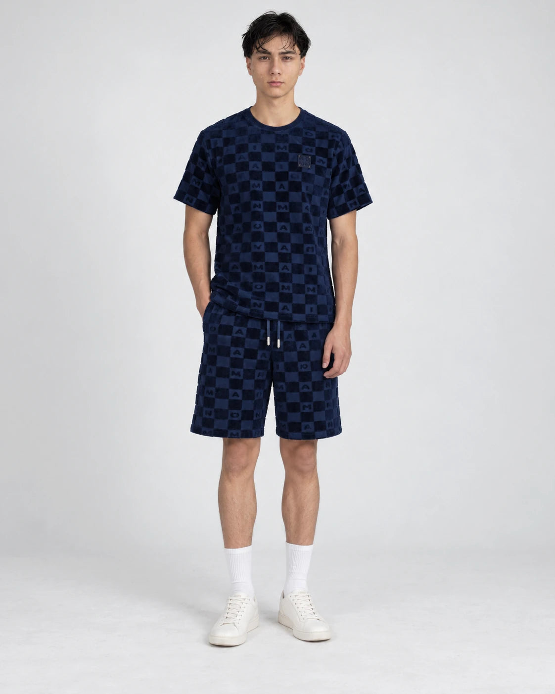 MOMANI Monogram Check T-Shirt in Navy, worn by a model, front view