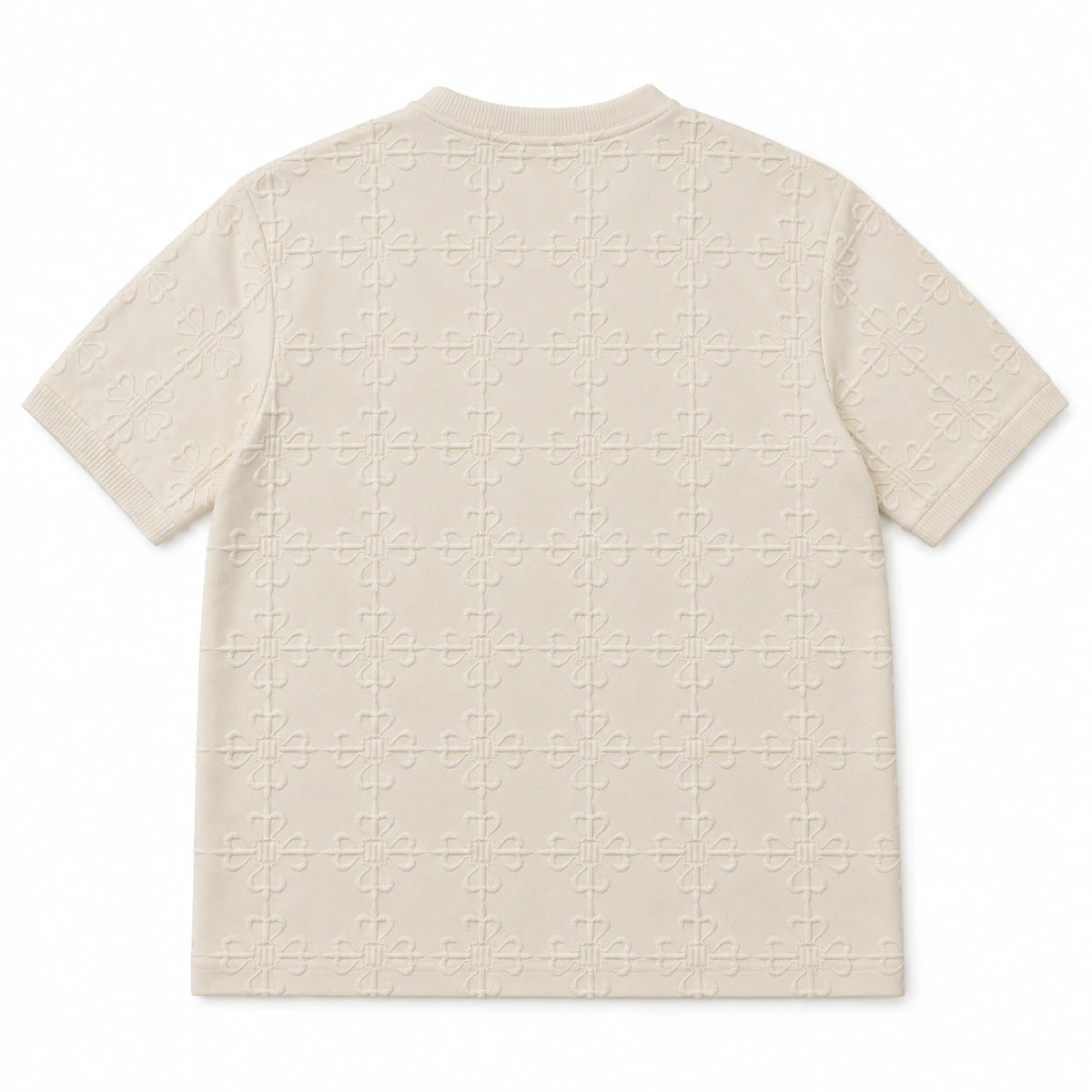 MOMANI Emblem Relief T-Shirt in Cream, laid flat, back view