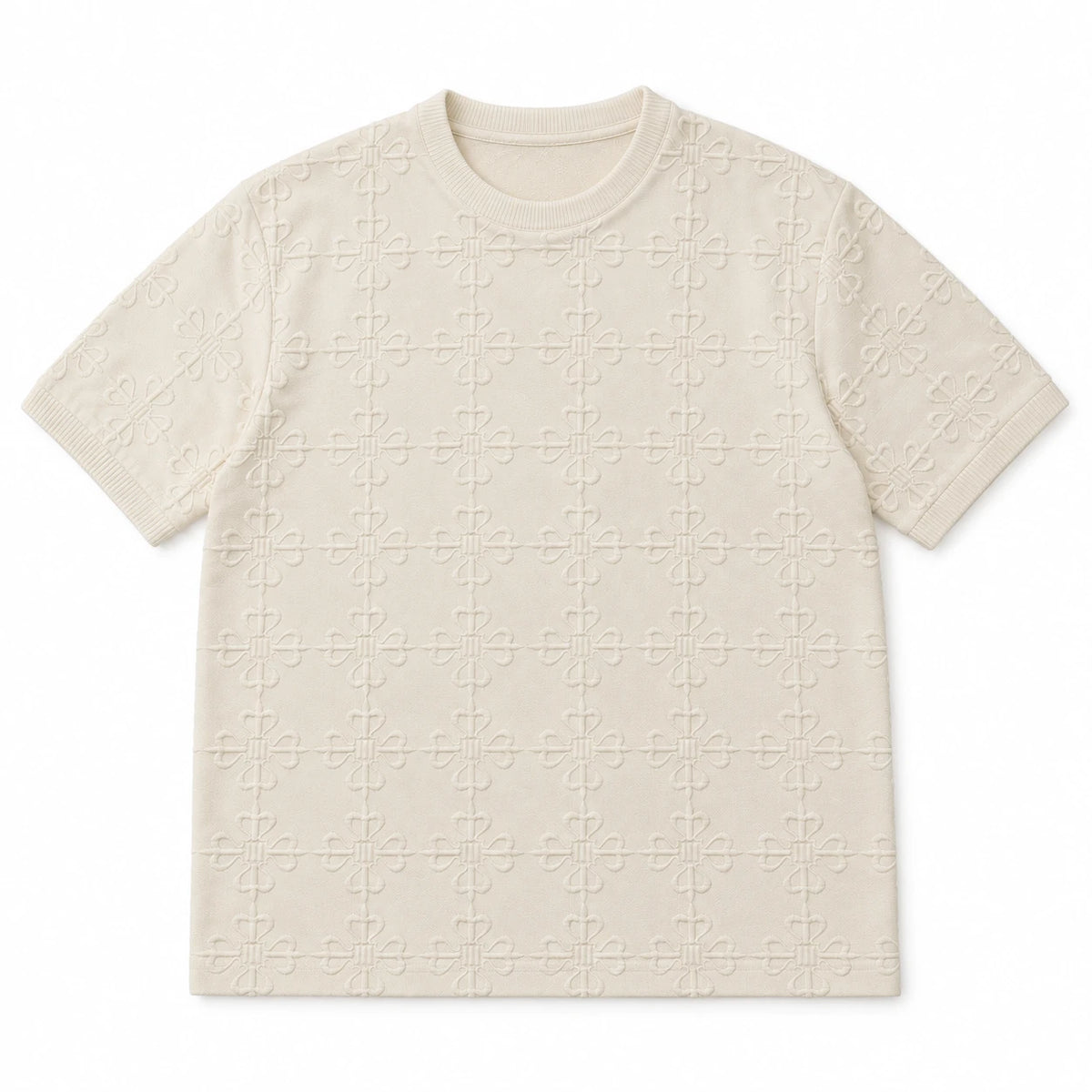MOMANI Emblem Relief T-Shirt in Cream, laid flat, front view