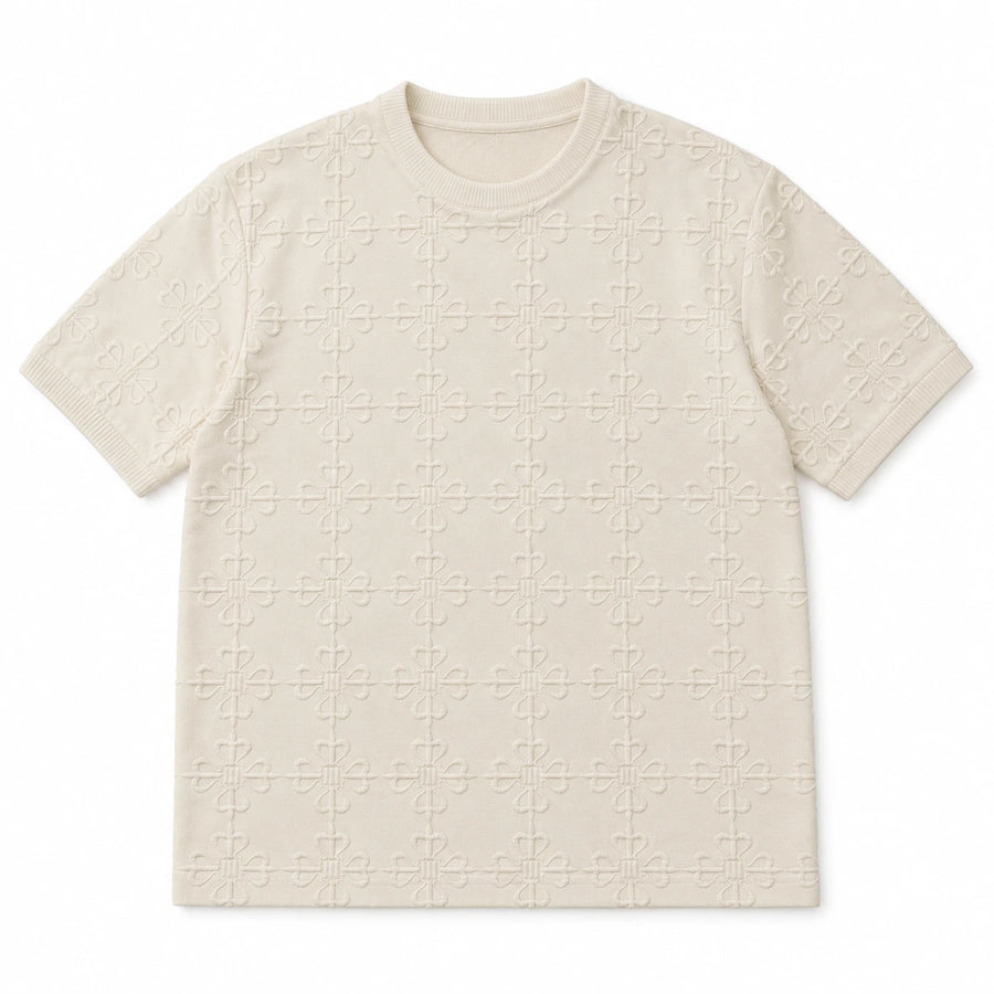 MOMANI Emblem Relief T-Shirt in Cream, laid flat, front view