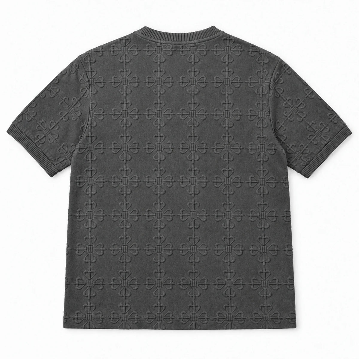 MOMANI Emblem Relief T-Shirt in Grey, laid flat, back view