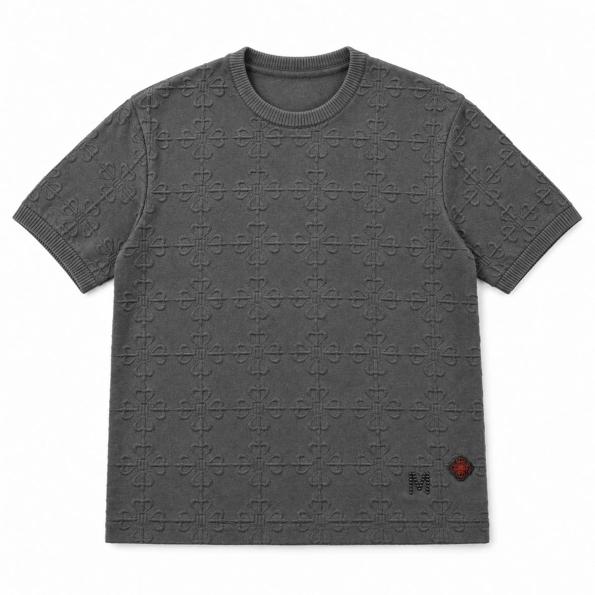 MOMANI Emblem Relief T-Shirt in Grey, laid flat, front view