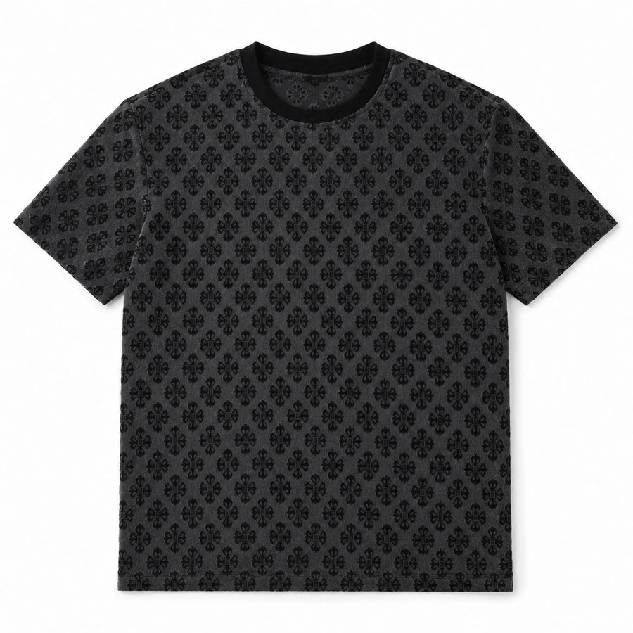 MOMANI Micro Emblem T-Shirt in Black, laid flat, front view