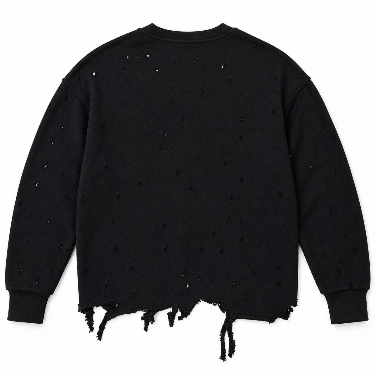MOMANI Distressed Sweatshirt in Black, laid flat, back view