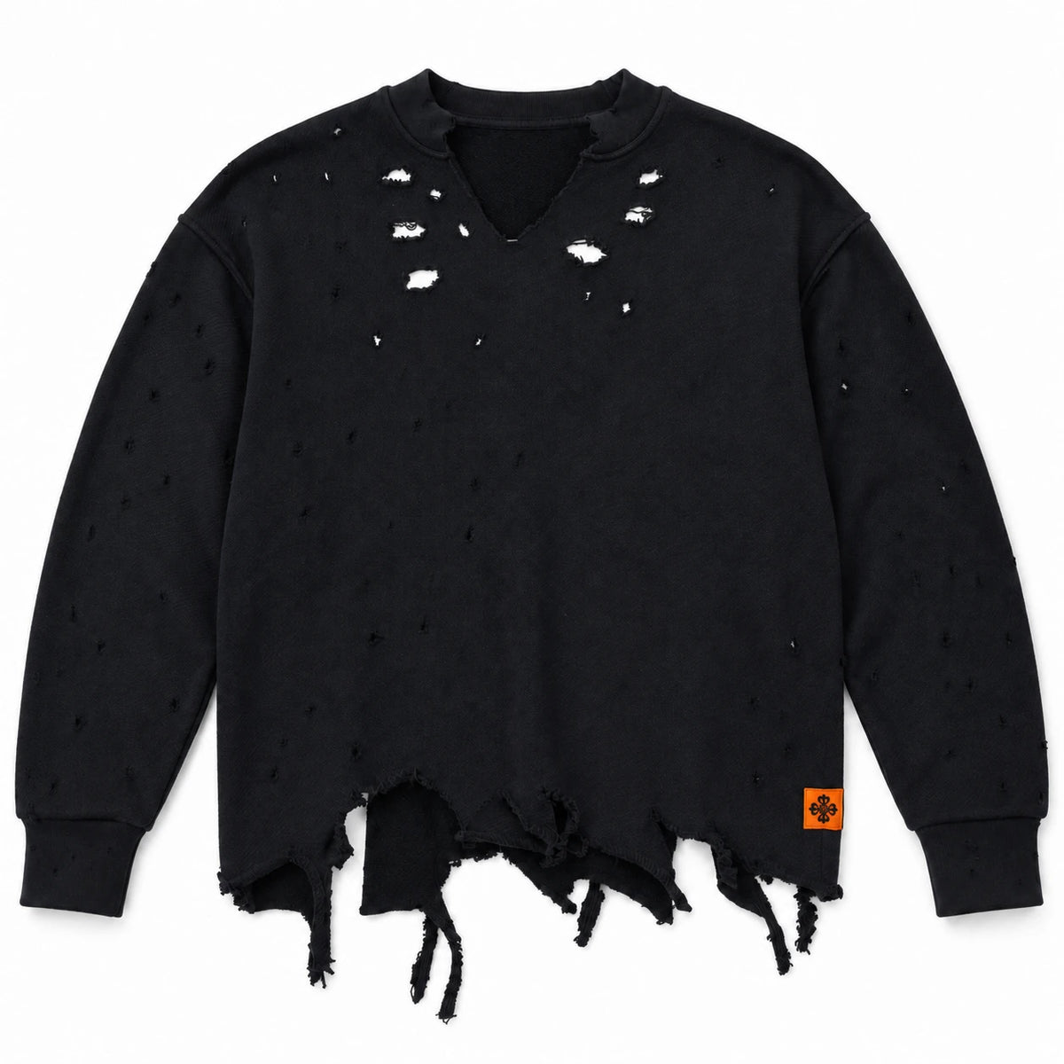 MOMANI Distressed Sweatshirt in Black, laid flat, front view