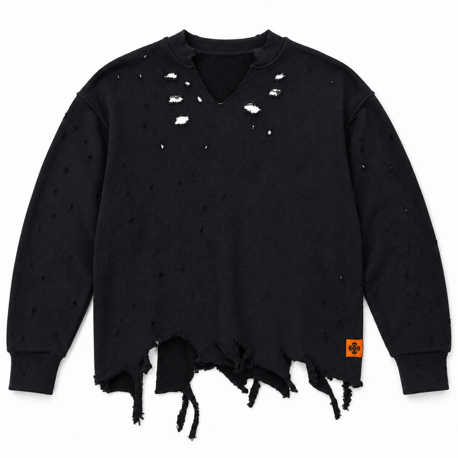 MOMANI Distressed Sweatshirt in Black, laid flat, front view