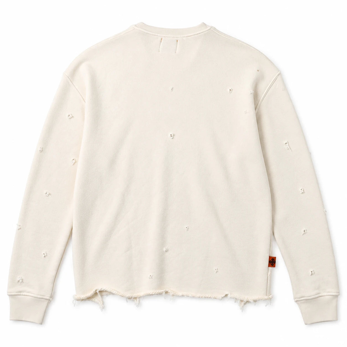 MOMANI Distressed Sweatshirt in Cream, laid flat, back view