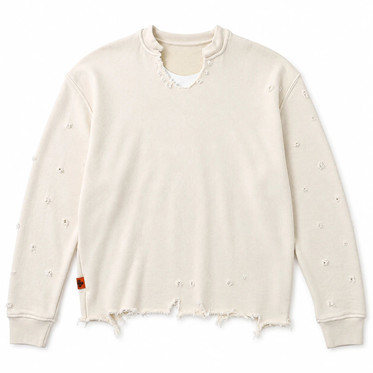 MOMANI Distressed Sweatshirt in Cream, laid flat, front view